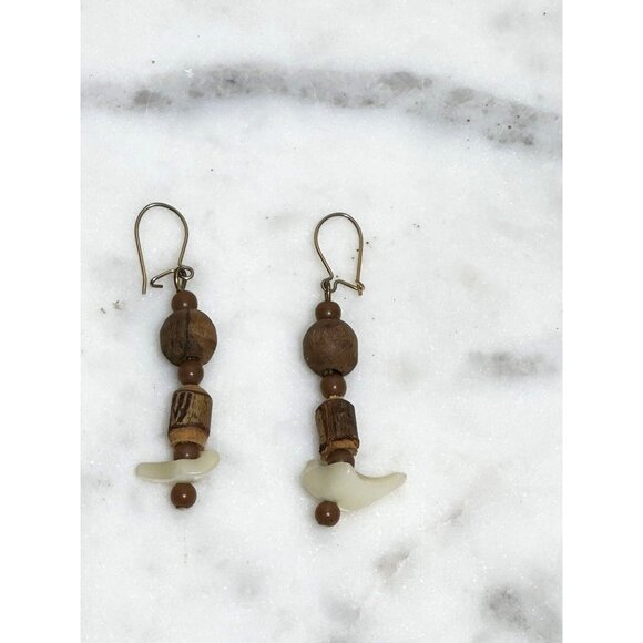 Handcrafted Wooden & Shell Drop Earrings Whimsical Unique Lightweight Jewelry - Picture 3 of 3
